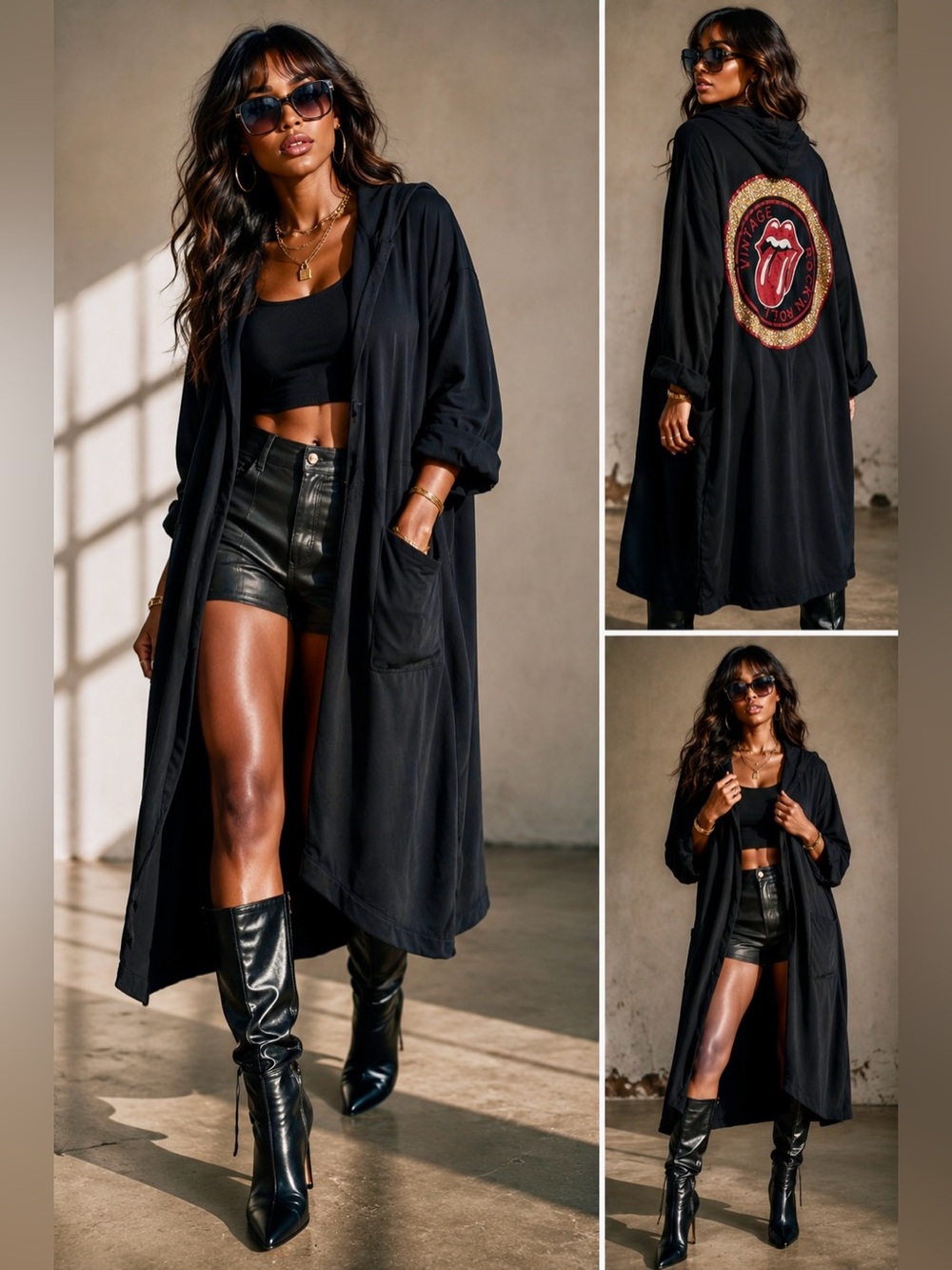 Marisima Italy Black Vintage Rock N Roll Hooded Duster Cardigan NWT OS - Picture 3 of 11